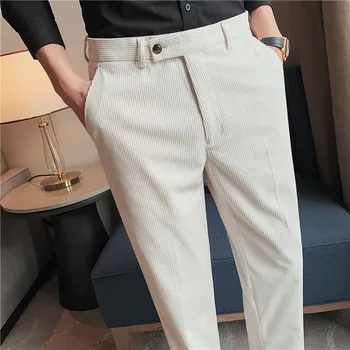 Новые осенне-зимние мужские винтажные эластичные вельветовые брюки для костюма Slim Fit, модные мужские повседневные деловые платья, однотонные брюки