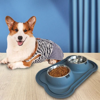 Силиконовая миска для домашних животных, Двойная миска из нержавеющей стали, противоударная Силиконовая миска для собак, Большая миска для еды, поилка для домашних животных