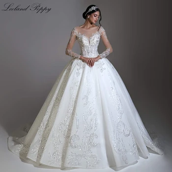 Роскошное бальное платье Lceland Poppy с круглым вырезом, свадебные платья принцессы с пышными рукавами, расшитые бисером, свадебные платья со шлейфом в виде часовни