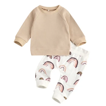 Комплект одежды из 2 предметов для новорожденных мальчиков, топ с длинными рукавами, штаны с радужным принтом, комплект для мальчиков