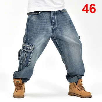 Мешковатые джинсы Мужские джинсовые брюки Свободная уличная одежда 2018 Мода Скейтборд для больших размеров Брюки Сплошной цвет Синий S93