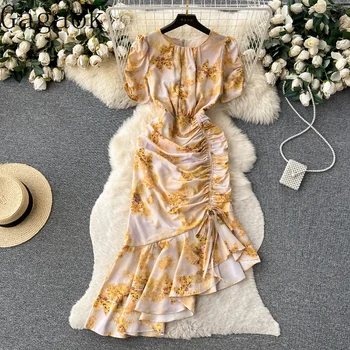 Платья Gagaok, облегающее платье с цветочным рисунком во французском ретро стиле для женщин, летние платья с рукавами-пузырями и завязками, нишевые платья с рыбьим хвостом