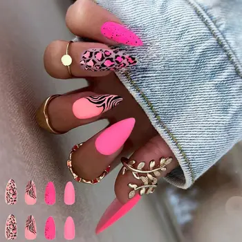 24шт Съемных розовых Великолепных матовых накладных ногтей с полным покрытием французского миндаля
