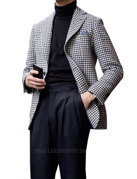 Мужской блейзер в клетку, повседневный мужской костюм, пиджак с зубчатым лацканом, цельное клетчатое свадебное пальто для выпускного вечера