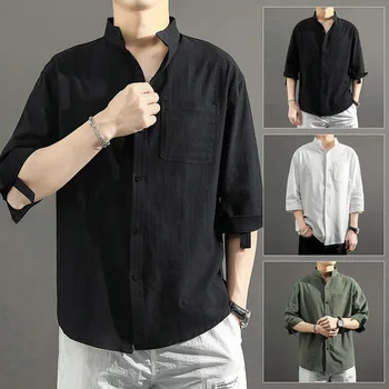 Мужская японская рубашка, повседневная однобортная рубашка со свободным воротником-стойкой, трендовая мужская одежда 2023, Летние топы с рукавами из семи точек