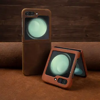 Чехол ручной Работы Из Натуральной Кожи Для Samsung Galaxy Z Flip5 Cover Z FLip3 flip4 Vintag Crazy Hourse Pattern Phone Shell Back Cases