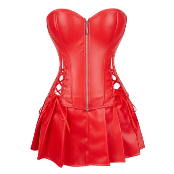 Комплект корсетного платья в стиле стимпанк Из искусственной кожи, Черный, красный Топ-бюстье на молнии спереди с мини-юбкой