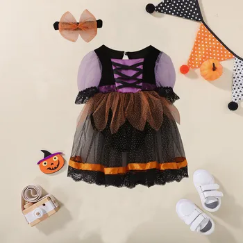 Летний наряд для новорожденных девочек на Хэллоуин с пышными рукавами, Тюлевое боди в стиле пэчворк, платье с повязкой на голове, комплект одежды для косплея 2023