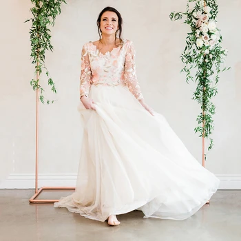 Розовое свадебное платье с цветочной вышивкой, сшитое на заказ, трапециевидный V-образный вырез, фотография в фабричном стиле, свадебное платье в деревенском сетчатом стиле с длинными рукавами
