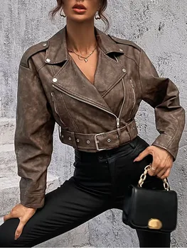 Новая модная женская повседневная укороченная куртка из искусственной кожи с длинным рукавом и отворотом.