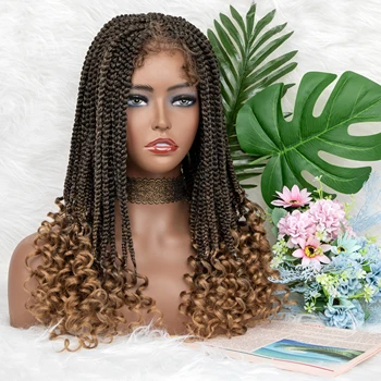 Синтетические плетеные парики, кружевные парики спереди, вьющиеся концы, плетеный кружевной парик 4x4 с детскими волосами для чернокожих женщин, афро-парик 18 дюймов
