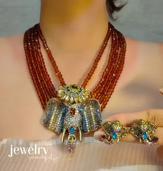 Изящные винтажные наборы украшений в виде слонов, Красочные аксессуары из хрусталя для женщин, модные многослойные ожерелья, серьги