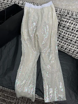 2023, Женские Новые Высококачественные Белые длинные брюки с блестками, повседневные роскошные Элегантные брюки от кутюр, Дизайнерские шелковые брюки для подиума