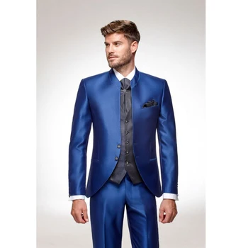Новое поступление, атласные мужские костюмы королевского синего цвета, однобортный блейзер с воротником-стойкой, жилет, брюки для жениха, официальная приталенная одежда из 3 предметов