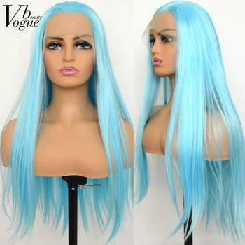 Voguebeauty Синий Синтетический парик на кружеве Спереди, Шелковистое Прямое Термостойкое волокно, Натуральная линия роста волос, Косплей для женщин
