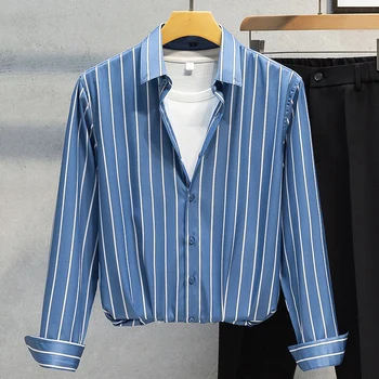 2023 Распродажа Новой Мужской модной деловой повседневной Полосатой рубашки с длинным рукавом, Корейской тонкой стрейчевой рубашки, Гавайской мужской рубашки, размер M-5XL