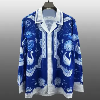 2023 Хип-хоп 2 Цвета Мужские топы с длинными рукавами Осенние Гавайские Пляжные рубашки Уличная одежда Этническая Ретро Рубашка с контрастным принтом Уличная одежда