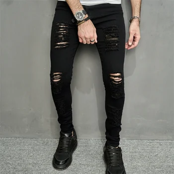Уличная одежда, рваные узкие мужские джинсы-карандаш, стильные мужские повседневные джинсовые брюки с дырками в стиле хип-хоп