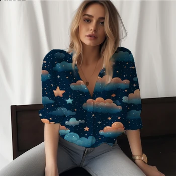 Летняя новая женская рубашка с 3D-принтом cloud, женская рубашка в милом стиле, модная свободная женская рубашка