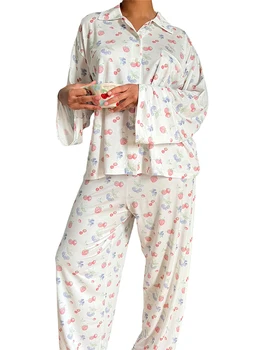 Женская пижама, комплект для отдыха, рубашки с отложным воротником и длинными рукавами с клубничным принтом, топы и брюки, одежда для отдыха из 2 предметов