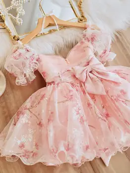 Розовое платье принцессы для маленьких девочек 1-10 лет, пышные рукава, оборки, платье с цветочным принтом и бантом, детские свадебные платья для выпускного вечера