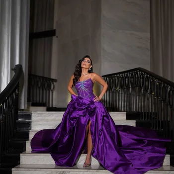 Нежное фиолетовое бальное платье, платья для выпускного вечера без бретелек, без рукавов, с высоким боковым разрезом, длиной до пола, плиссированные вечерние платья с блестками