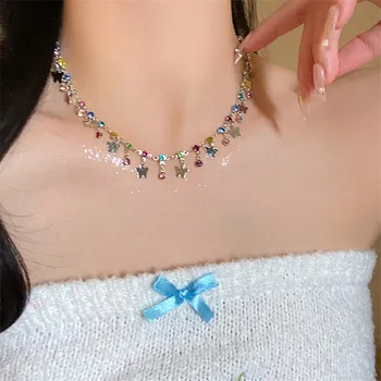Красочное женское колье-чокер с бабочкой, роскошный кристалл, корейская милая романтическая хип-хоп вечеринка, модные ювелирные аксессуары 2023 г.