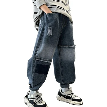 Джинсы для мальчиков, детские джинсы с большими дырками, джинсы в повседневном стиле для мальчиков, весенне-осенняя детская одежда 6 8 10 12 14