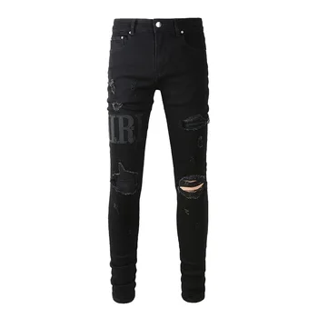 Мужская черная потертая уличная одежда, джинсовые брюки из выстиранной кожи с вышитыми буквами, эластичные обтягивающие рваные джинсы Slim Fit