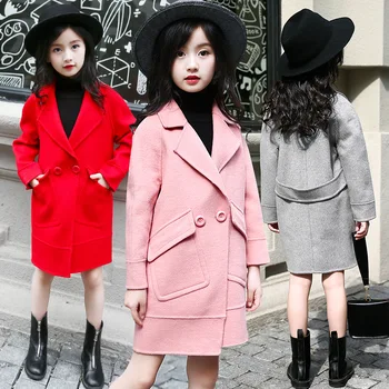 Демисезонная куртка с длинными рукавами для девочек от 3 до 14 лет, детская одежда, Корейское утепленное шерстяное пальто, цельная верхняя одежда, модное Детское пальто 2023 года.