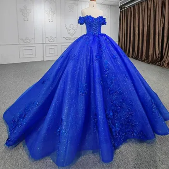 Голубое блестящее бальное платье принцессы, Длинные пышные платья, кружевные хрустальные бусины, 3DFlower, тюлевый корсет с круглым вырезом, вечернее платье Sweet 15.