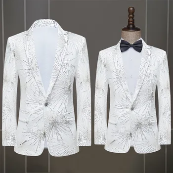 2023 Мужской белый костюм с блестками, пиджак для выступлений и шоу, студийный костюм ведущего
