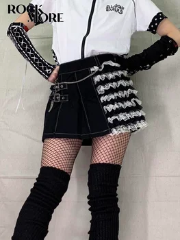 Rockmore Контрастная кружевная плиссированная юбка в стиле пэчворк, готическая цепочка, темные академические мини-юбки, Женская уличная одежда, Сексуальные летние плавки y2k
