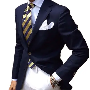 Темно-синий мужской костюм с лацканами последней модели с белыми брюками, модный смокинг для официальной свадьбы, деловой вечеринки, блейзер, брюки, наряд
