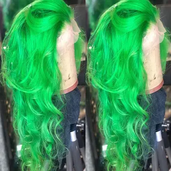 Ярко-зеленый синтетический парик на шнурке спереди, Свободная волна, Высококачественное термостойкое волокно, Предварительно выщипанный Натуральный волосяной покров для женщин
