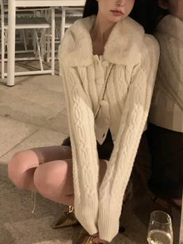 Новый Зимний Винтажный вязаный свитер, женский Корейский модный Меховой тонкий кардиган, женский повседневный теплый Короткий свитер Y2K, пальто