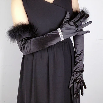 Модные перчатки с манжетами из перьевого атласа, женские сексуальные перчатки с полными пальцами, Длинные Элегантные эластичные перчатки на локтях, декор для вечеринки в стиле Хэллоуина