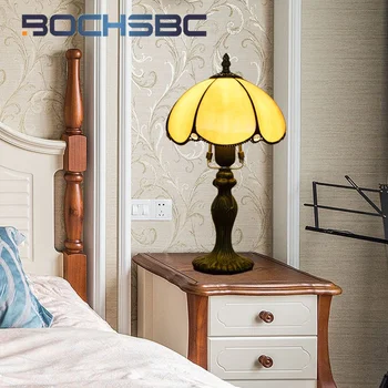 BOCHSBC Настольная лампа из витражного стекла Тиффани, европейский стиль, желтый арт-деко, столовая, кабинет, спальня, прикроватная лампа для чтения в отеле