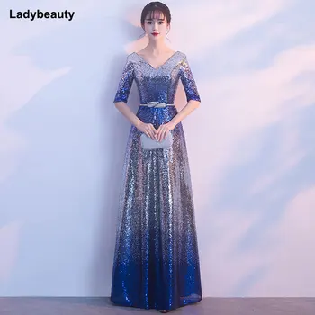 Новое вечернее платье Ladybeauty с длинным V-образным вырезом, женское элегантное вечернее платье A-Lin с блестками