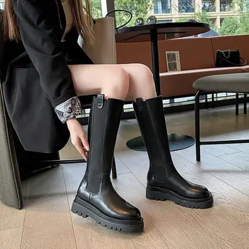 2023 Весенне-осенние женские тонкие ботинки Matsuke на толстой подошве, мотоциклетные ботинки с высокой застежкой-молнией сзади