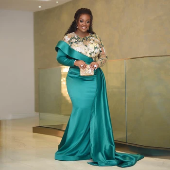 Плюс размер Нигерийские Африканские платья для выпускного вечера Бирюзовый атлас, расшитый бисером, Кружевное вечернее платье Русалки, Индивидуальное свадебное платье в стиле Aso Ebi