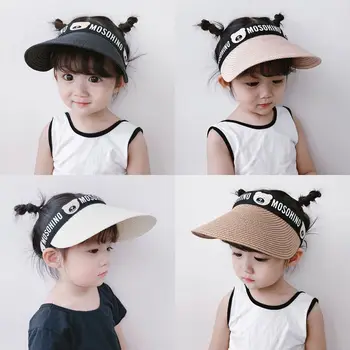 Детские летние солнцезащитные шляпы для мальчиков и девочек, складная соломенная шляпа с пустым верхом, пляжная шляпа с милыми медвежьими ушками