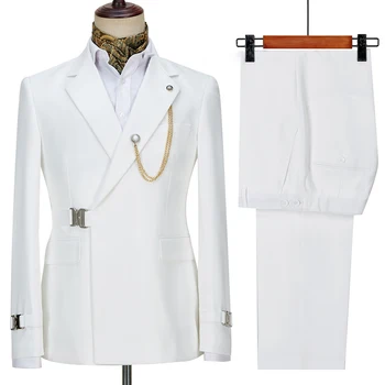 Белые мужские костюмы из 2 предметов, модный Новый вырез с лацканами, Металлические пряжки, однотонный блейзер, деловой повседневный свадебный костюм жениха, полный мужской костюм