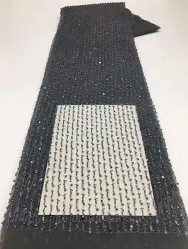 Высококачественная кружевная ткань ручной работы, расшитая бисером, Черная вышивка, французское кружевное свадебное платье, расшитое тюлем цвета морской волны XX47XK