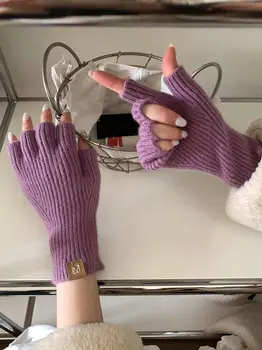 Зимние однотонные вязаные перчатки для женщин и мужчин, утепленные теплые вязаные варежки с полупальцами, женские перчатки Luvas с сенсорным экраном, Унисекс