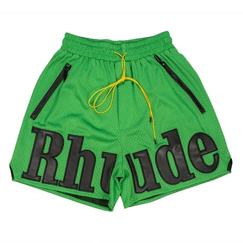 2023 RHUDE Мужские дышащие пляжные шорты с кожаной вышивкой RHUDE Шорты с несколькими карманами Бриджи Сетчатые шорты