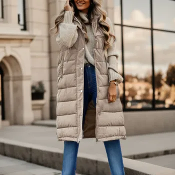 Зимняя пуховая куртка без рукавов, женские пальто Миди 2023, Пуховый жилет, Сохраняющий тепло, Элегантное Однотонное хлопковое пальто уличной леди с капюшоном
