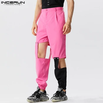 INCERUN 2023 Мужской Съемный дизайн в американском стиле, Брюки в стиле пэчворк контрастного цвета, Повседневные Мужские Персонализированные Однотонные брюки S-5XL