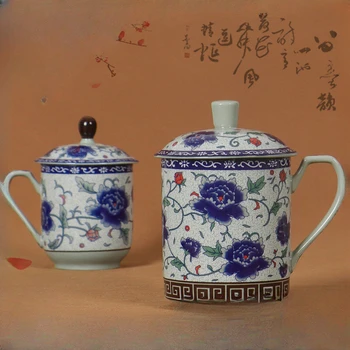 Пионовая сине-белая фарфоровая чайная чашка Офисная чайная чашка Ретро Фарфоровый чайный сервиз с крышкой Чашка цвета морской волны
