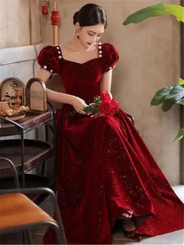 Женское летнее платье цвета красного вина, Новинка, Однотонный расшитый бисером рукав-пузырек, квадратный воротник, Длинная юбка-трапеция, Темпераментная женская одежда 177